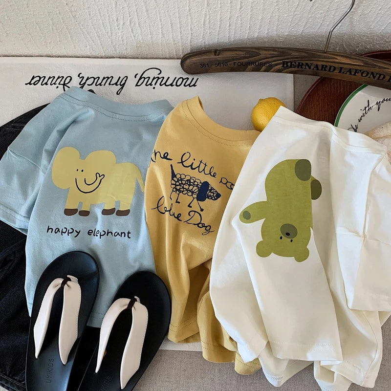 Summer Clothing Baby Boys Cartoon Printed T-shirt Round Collar Loose Casual Tshirts Children Clothes Short Sleeve Tees Tops