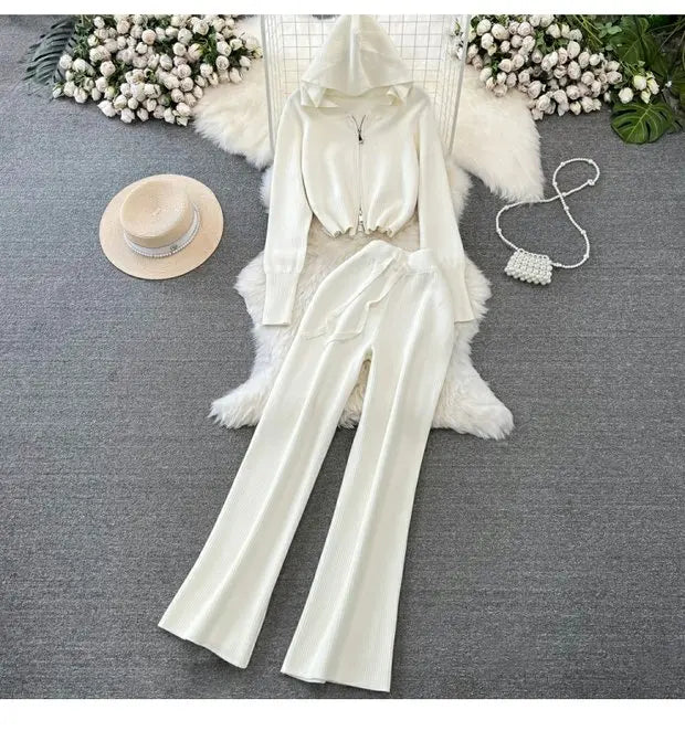 Zipper Hooded Slim Fit Knitted Sweatshirt Set