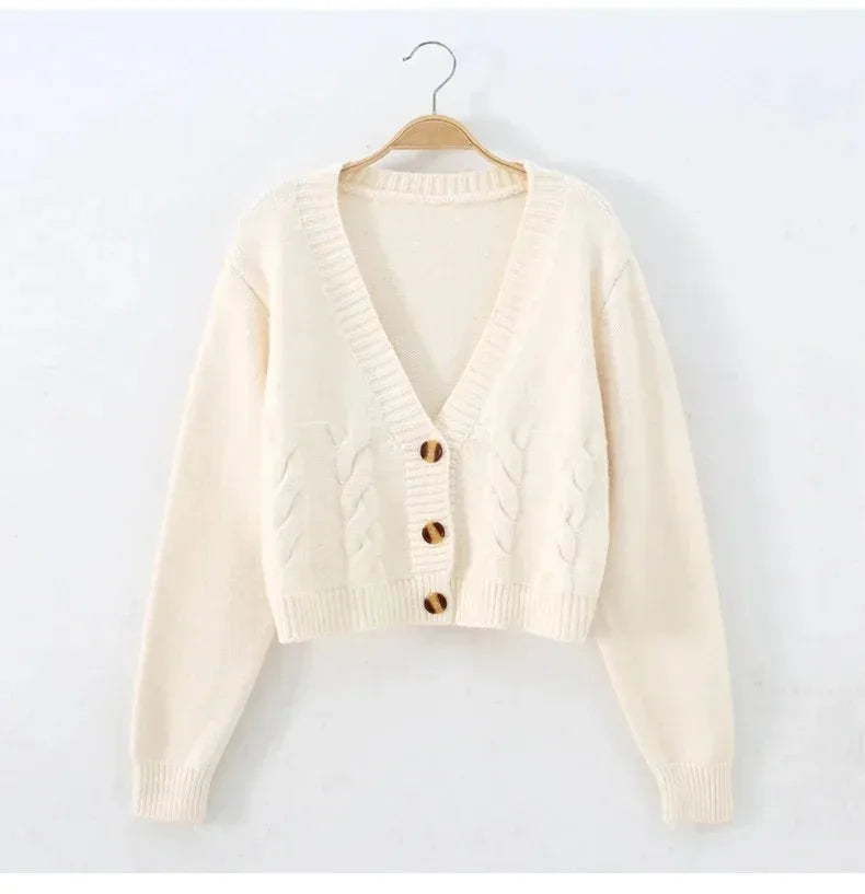 V Neck Cropped Cardigan Women Long Sleeve Twist Knitted Sweater Coats Autumn Winter Keep Warm Korean Fashion Jacket Cardigan