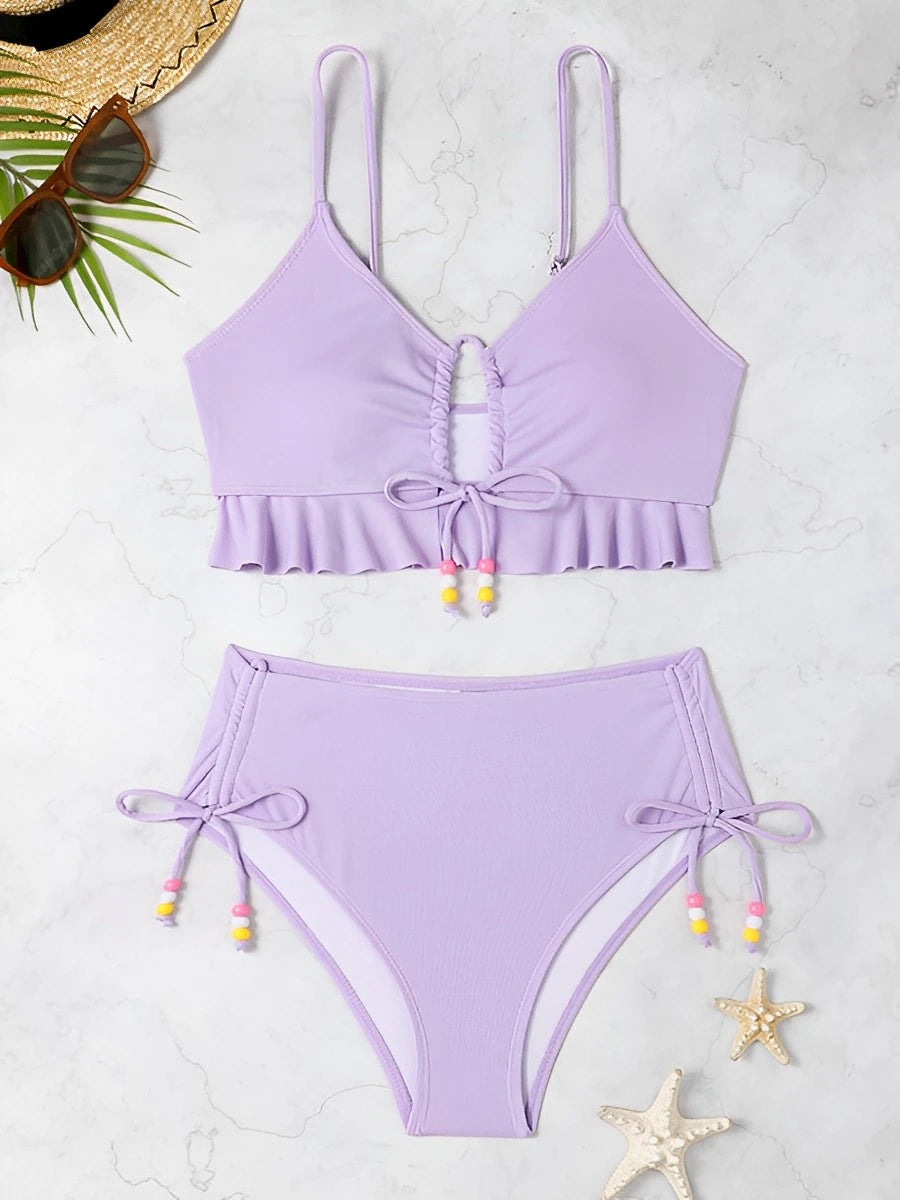 2025 High Waist Bikini Women Drawstring Swimwear Female Ruffle Swimsuit Solid Bathers Bathing Swimming Swim Suit Beachwear