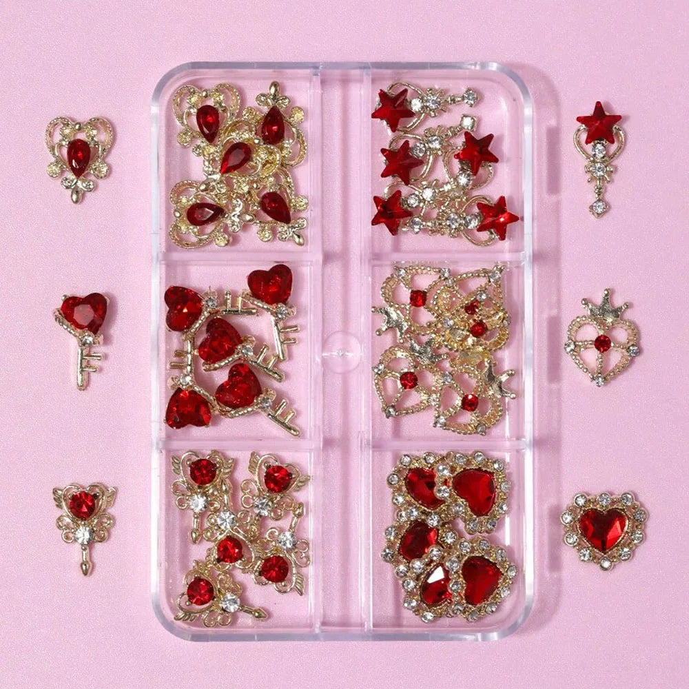 30Pcs-6gGrids Luxury Sailor&Moon 3D Red Crystal Nail Charms Gold Alloy Metal Love-Heart Diamond Nail Decor DIY Manicure Jewelry