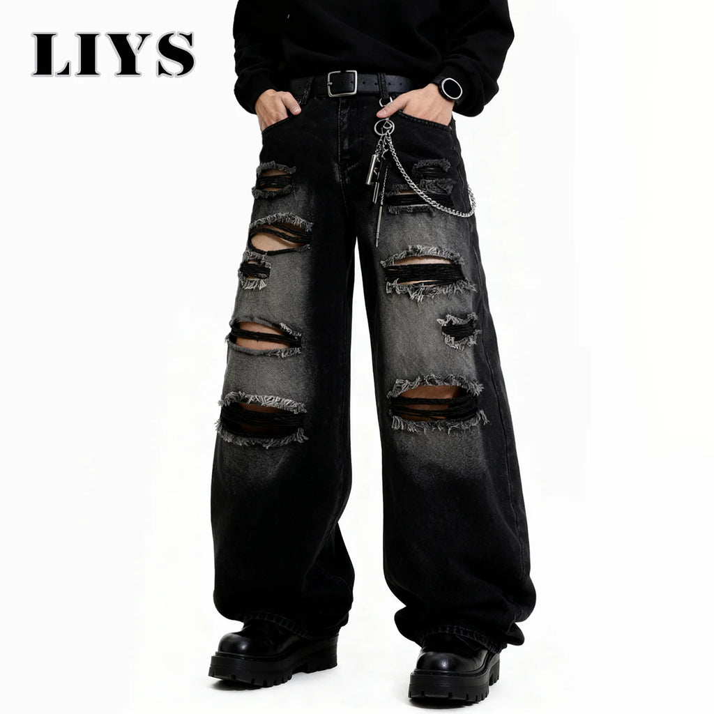 Retro Black Baggy Wide Leg Ripped Jeans