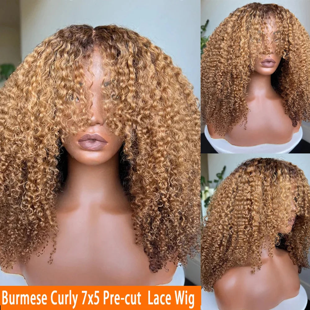 Honey Blonde Wig Burmesee Curll With Bangs 7x5  Transpaernt Lace Glueless Wig