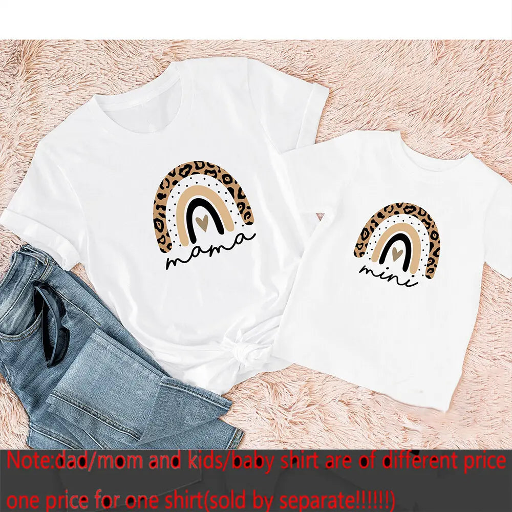 Mama Mimi Leopard Heart Print Family Matching Clothes Mother & Daughter Short Sleeve Outfit Shirt Fashion Mom Girl T-shirt Tops