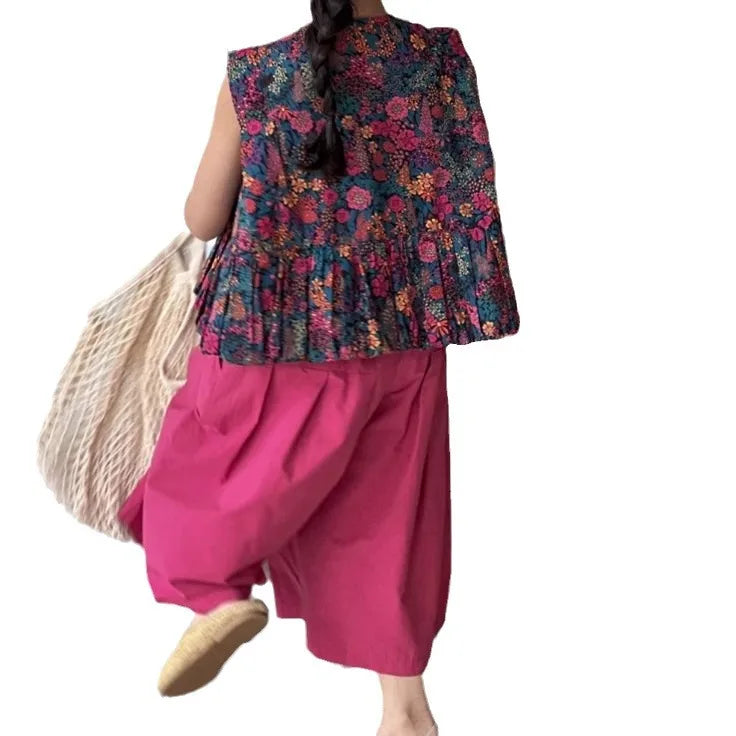 New Summer Infant Baby Girl 2PCS Clothes Set Cotton Floral Print Sleevelss T-shirt Suit Solid Soft Wide Leg Pant Kid Girl Outfit