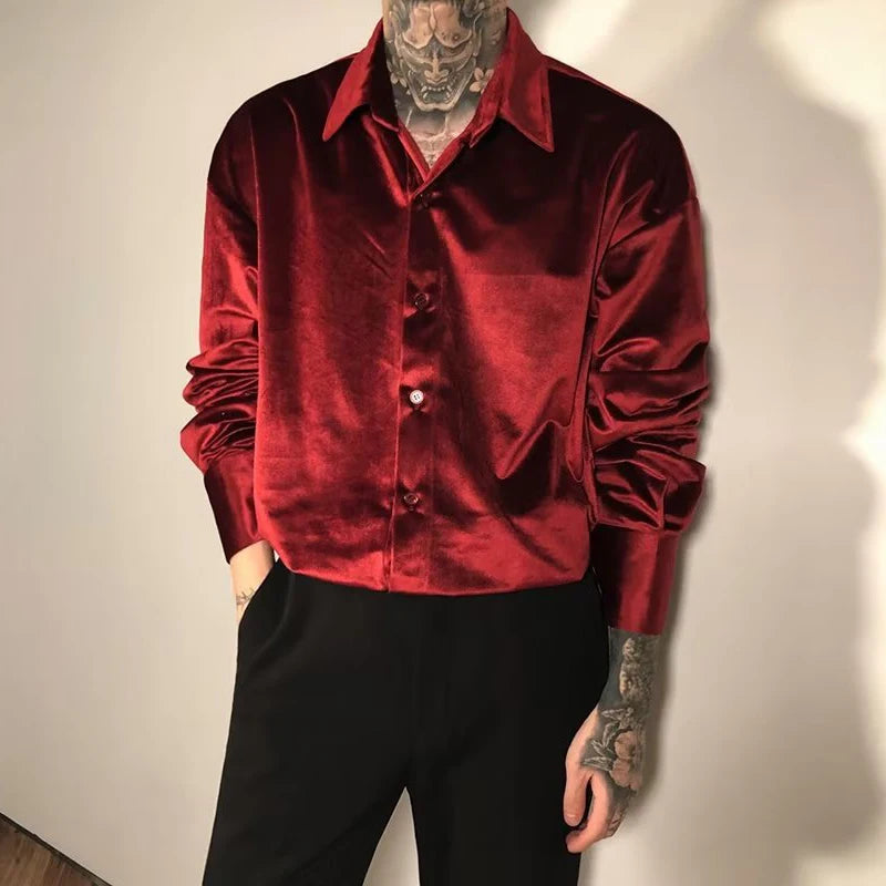 Velvet Solid Color Turn-Down Collar Buttoned Casual Shirt