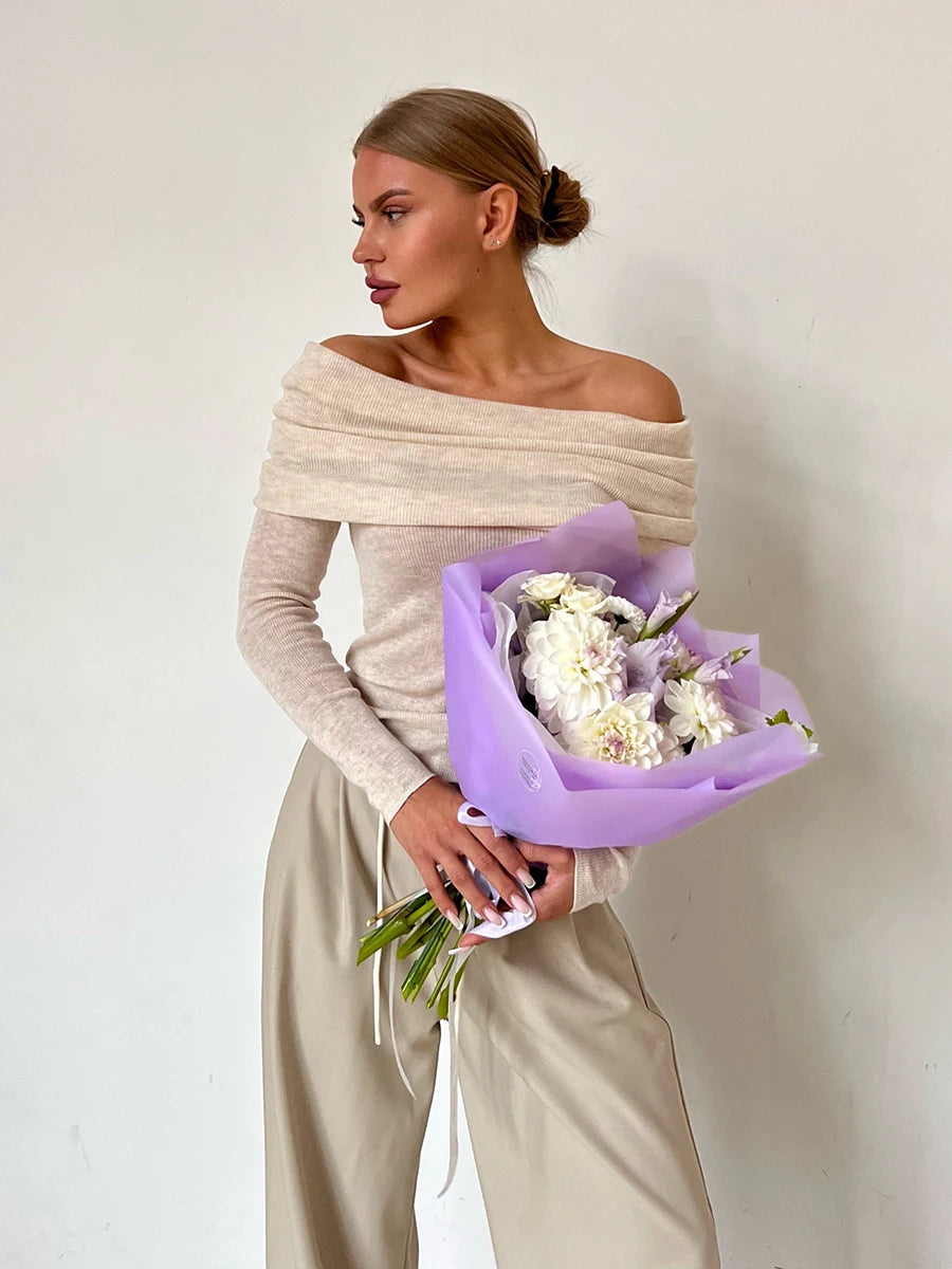 Women Knitted Wool T-shirt Slim Fit Long Sleeve Autumn Winter Chic Off Shoulder Basic Sweater Streetwear Pullovers