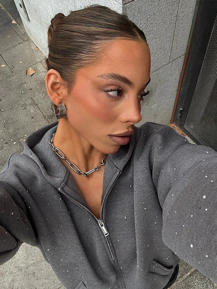 Rhinestone Hooded Jacket Skirt Set