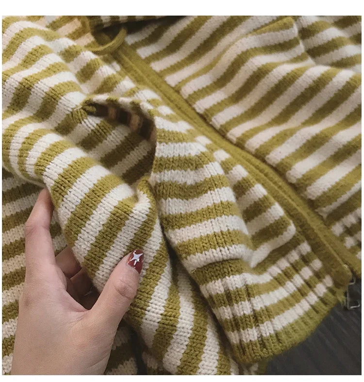 Contrast Color Stripe Hood Knit Cardigan Women Autumn and Winter New Loose Design Sense Long Sleeve Cardigan Sweater Outerwear