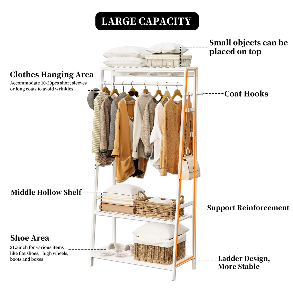 Free Standing Garment Rack Heavy Duty Bamboo Clothes Hanging Stand with Storage Shelves and Hooks