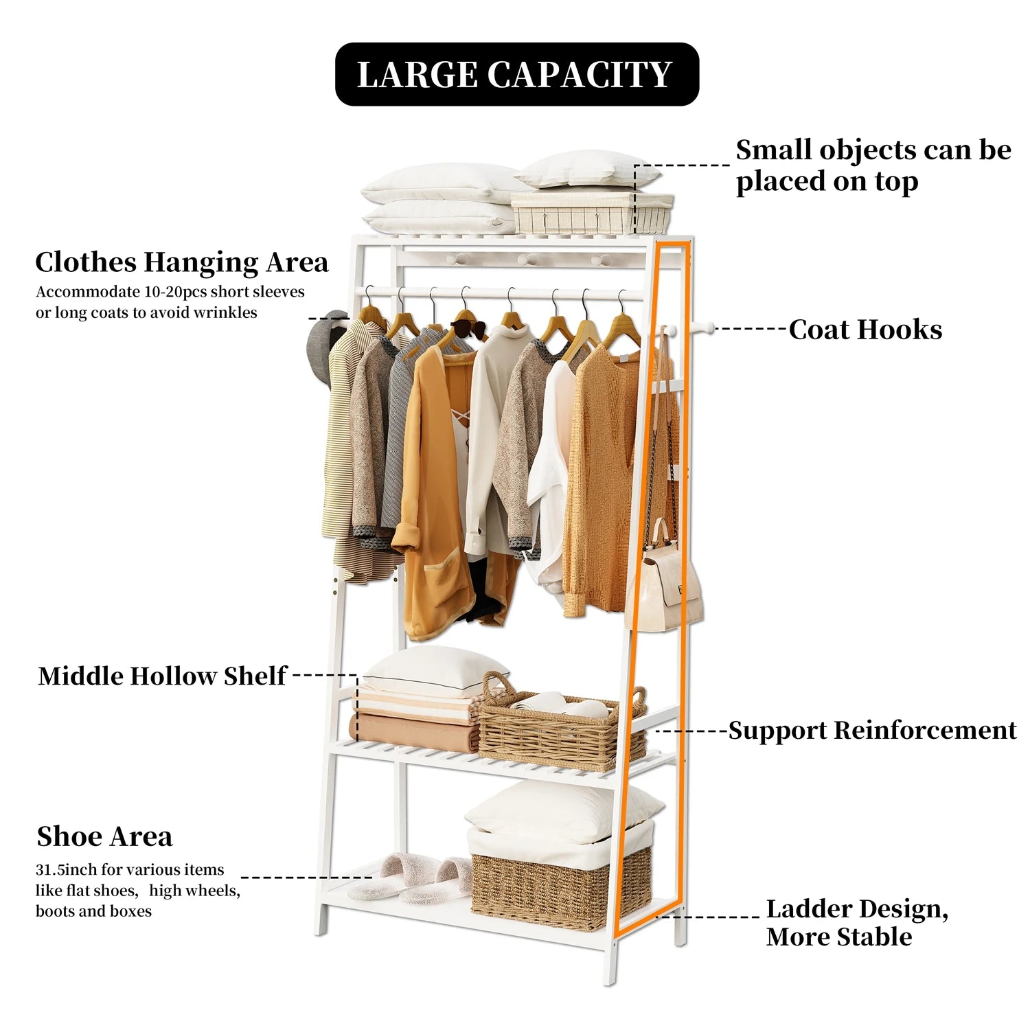 Free Standing Garment Rack Heavy Duty Bamboo Clothes Hanging Stand with Storage Shelves and Hooks