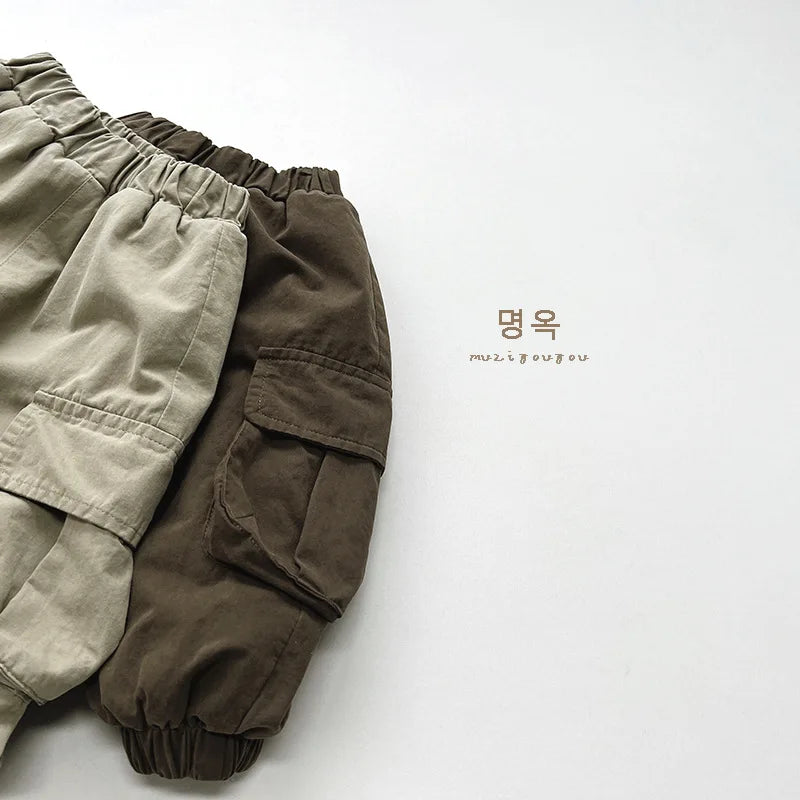 Winter New Children Loose Trousers Plus Velvet Thicken Baby Boy Girls Solid Casual Pants Fashion Kids Fleece Warm Cargo Pants