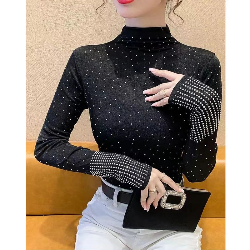 Rhinestone Half High Collar Basic T-Shirt