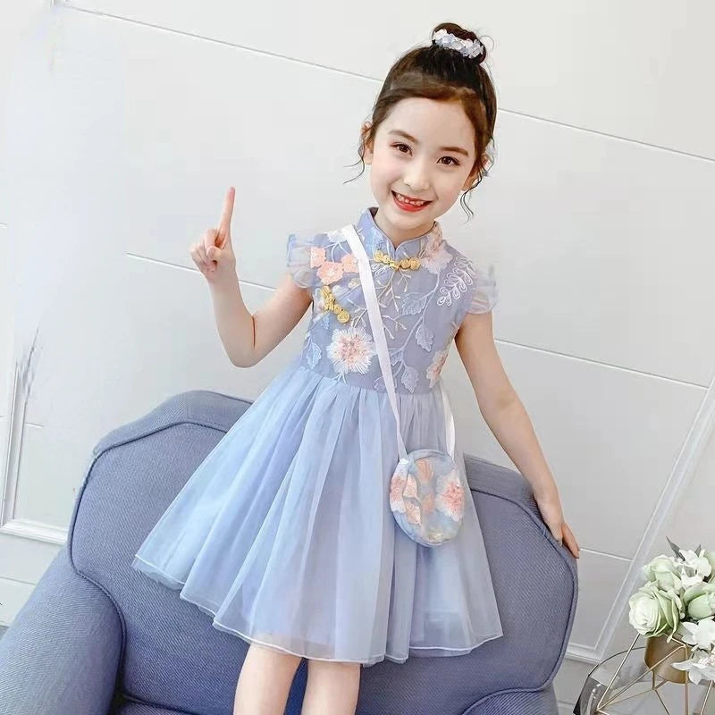 Girls Dress Summer Clothes Hanfu New Fashion Children's Vintage Net Yarn Dress Kids Girls Dresses for School Wedding of 12 Years