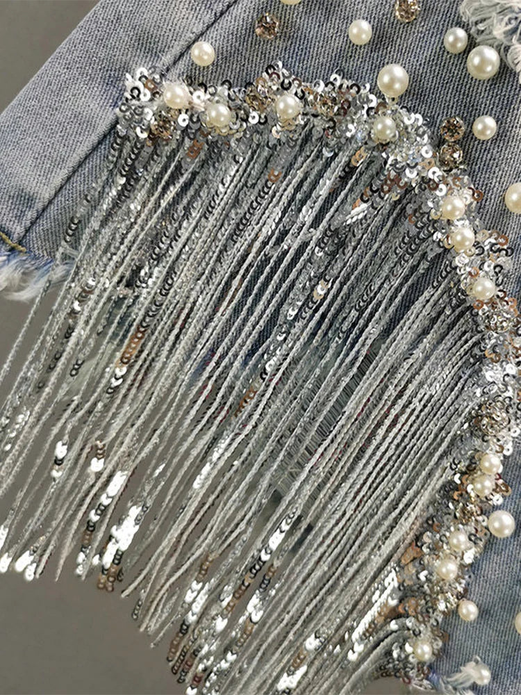 Tassel Beading High Waist Wide Leg Denim Shorts