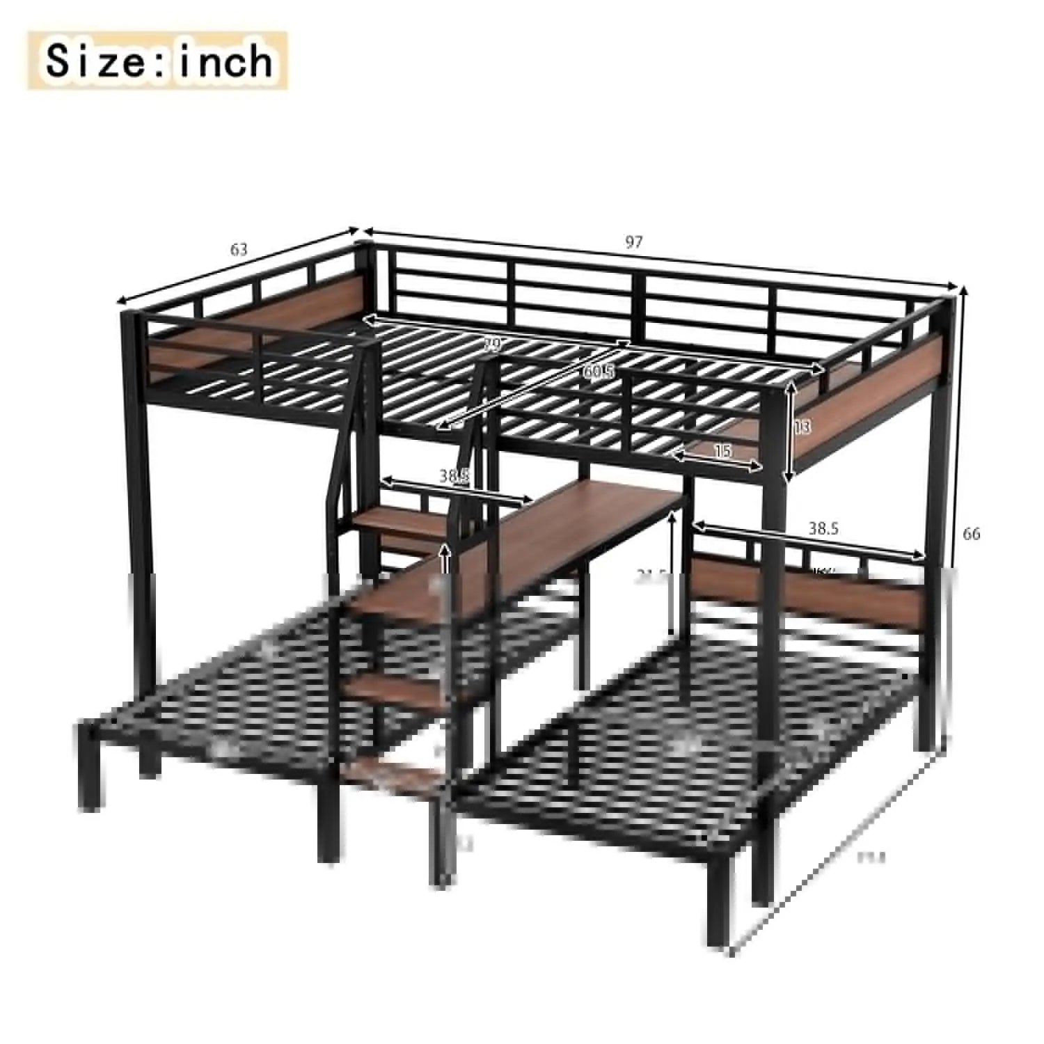 Queen Over Twin Over Twin Metal BunkBed with Storage Stairs and Shelves