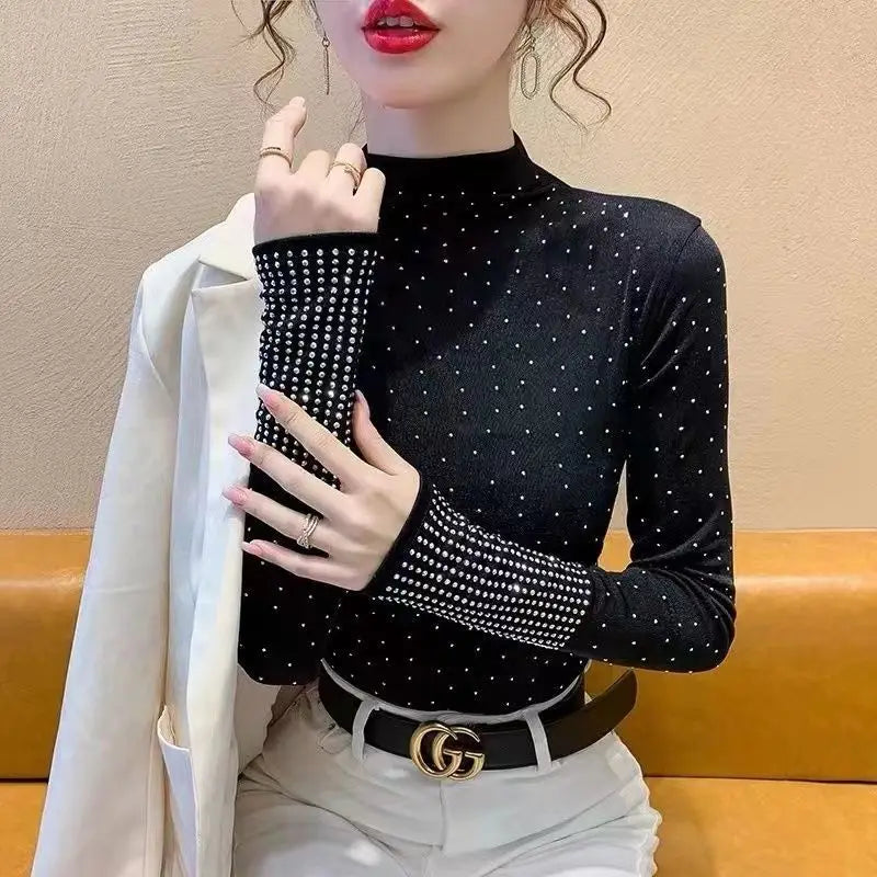 Rhinestone Half High Collar Basic T-Shirt