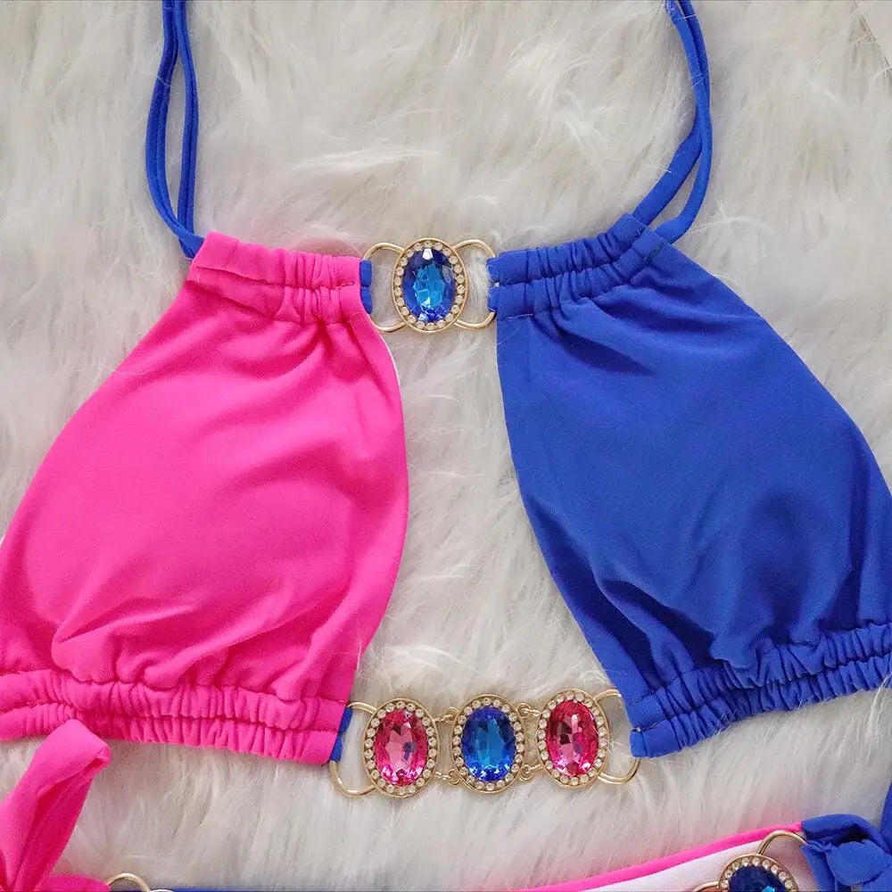 Rhinestones Splicing Bikini Set