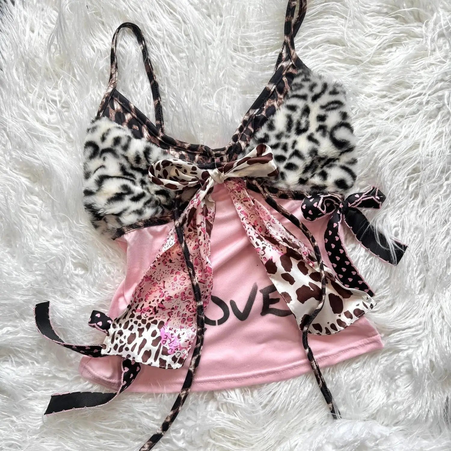 Retro Leopard Print Love Polka Dot Bowknot Suspender Top