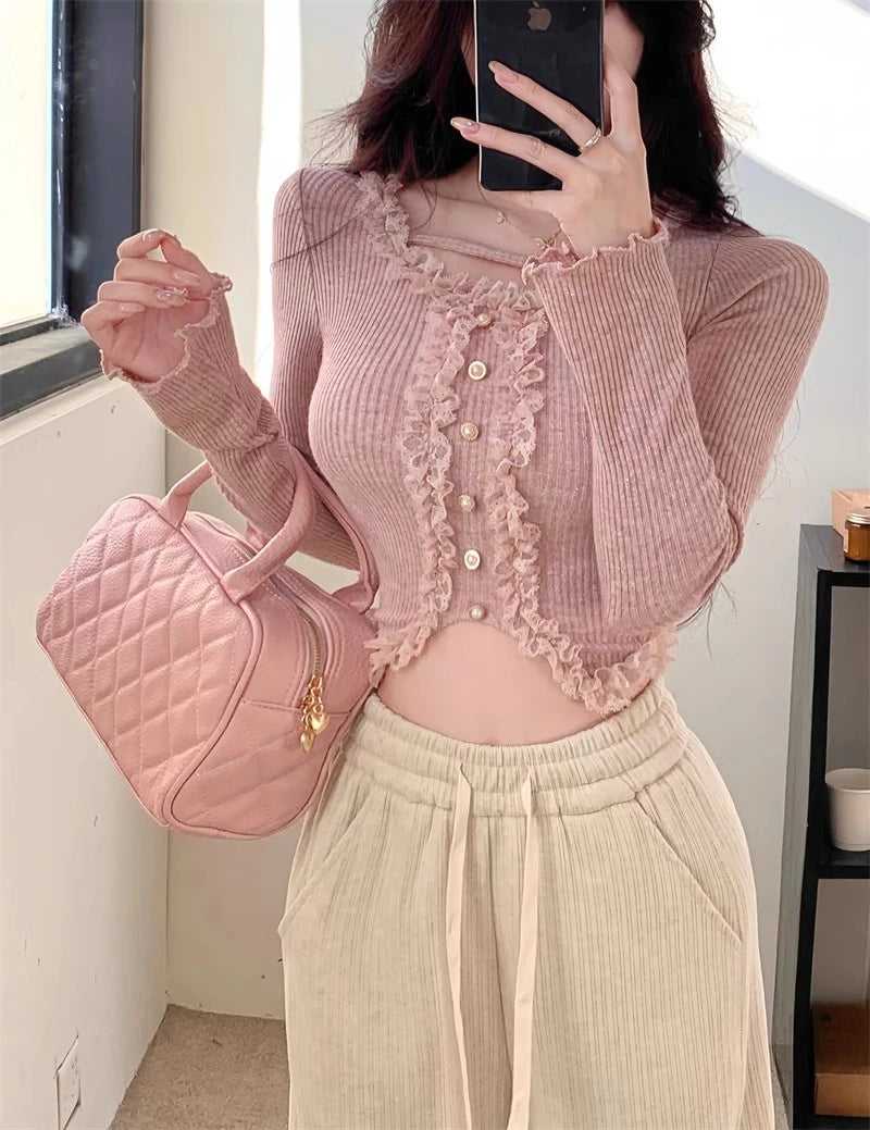 Square Collar Lace Basic Crop Top