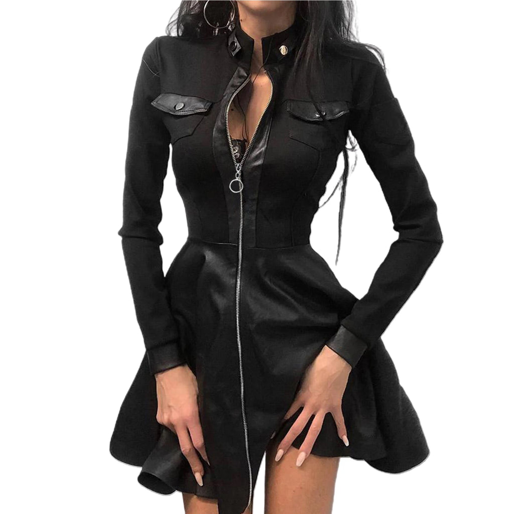 Long Sleeve Zipper Pocket Large Hem Faux Leather Lace Mini Dress