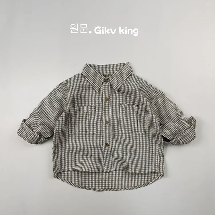 2025 Spring New Children Long Sleeve Lapel Plaid Shirts Infant Boys Vintage Casual Coat Toddler Girls Pocket Tops Kids Clothes