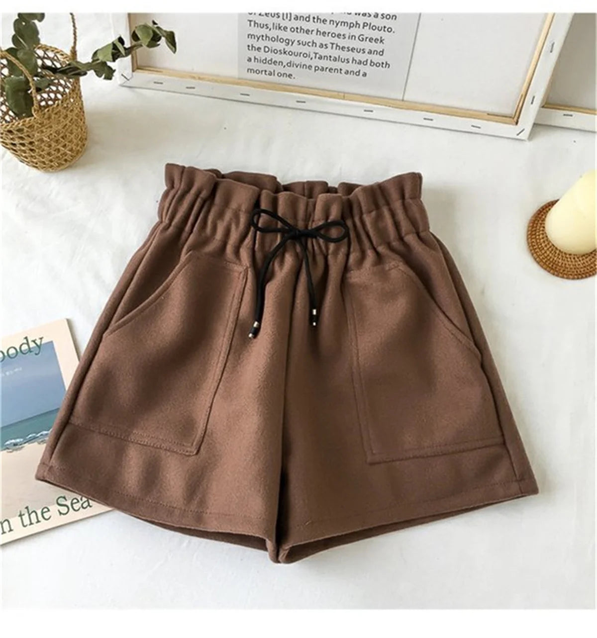 Retro High Waist Woolen Shorts