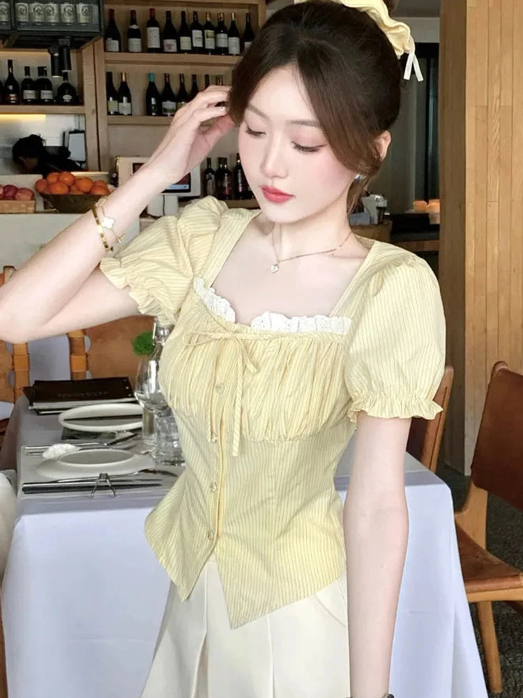 Zoki Sweet Yellow Striped Shirt Women Casual Vintage Square Collar Slim Blouse Korean Preppy Style Puffy Sleeve Elegant Tops New