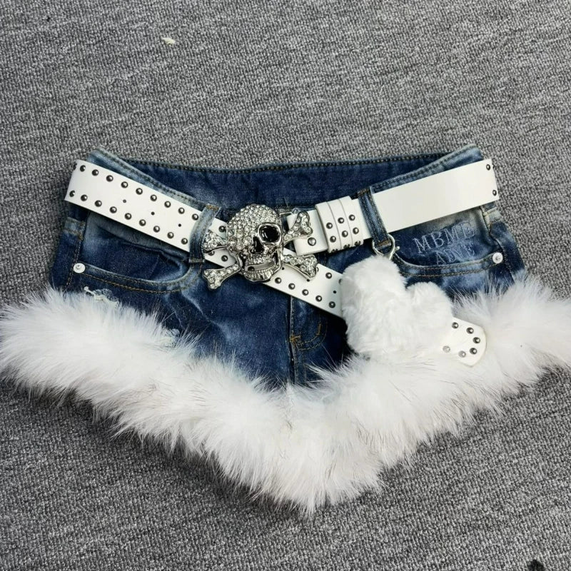 Plush Patchwork Denim Shorts