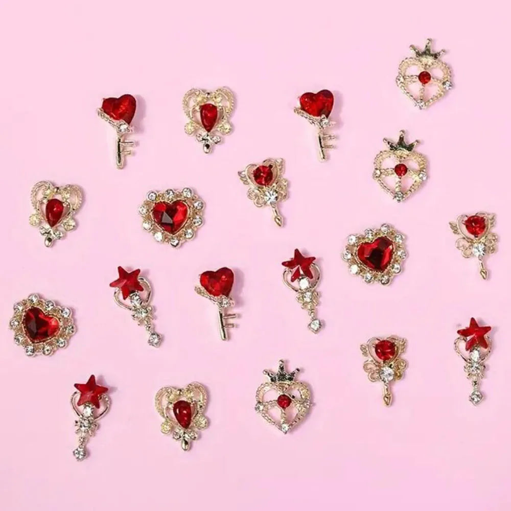 30Pcs-6gGrids Luxury Sailor&Moon 3D Red Crystal Nail Charms Gold Alloy Metal Love-Heart Diamond Nail Decor DIY Manicure Jewelry