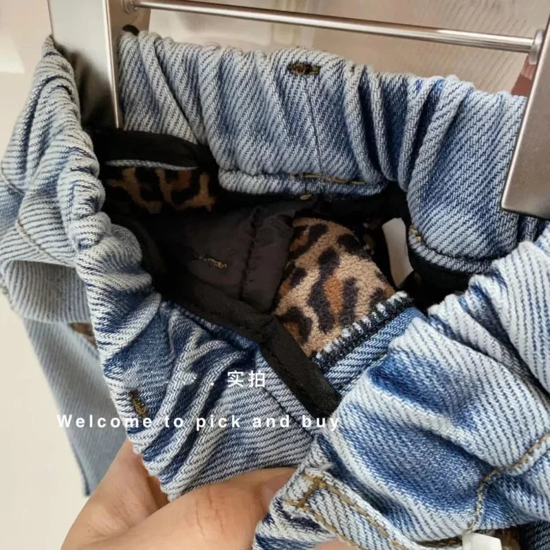 Girls Leopard Print Jeans Winter New Item Thickened one-piece Fleece Warm Straight Leg Pants For Girls Baby Winter Clothes Pants