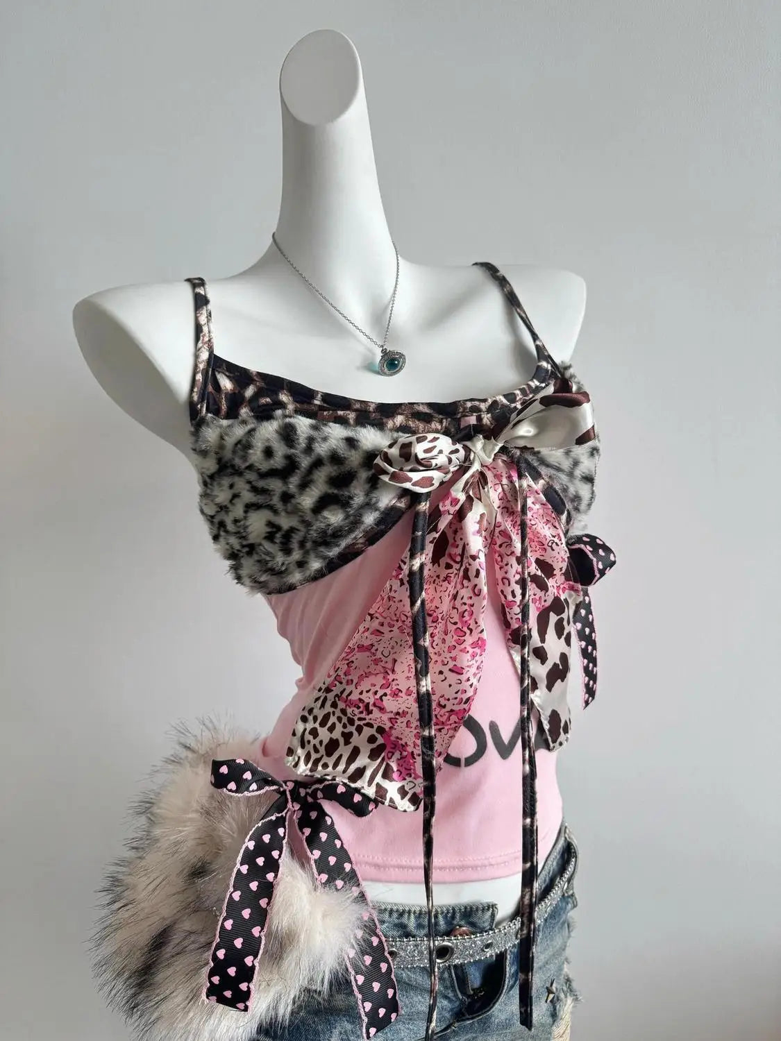 Retro Leopard Print Love Polka Dot Bowknot Suspender Top