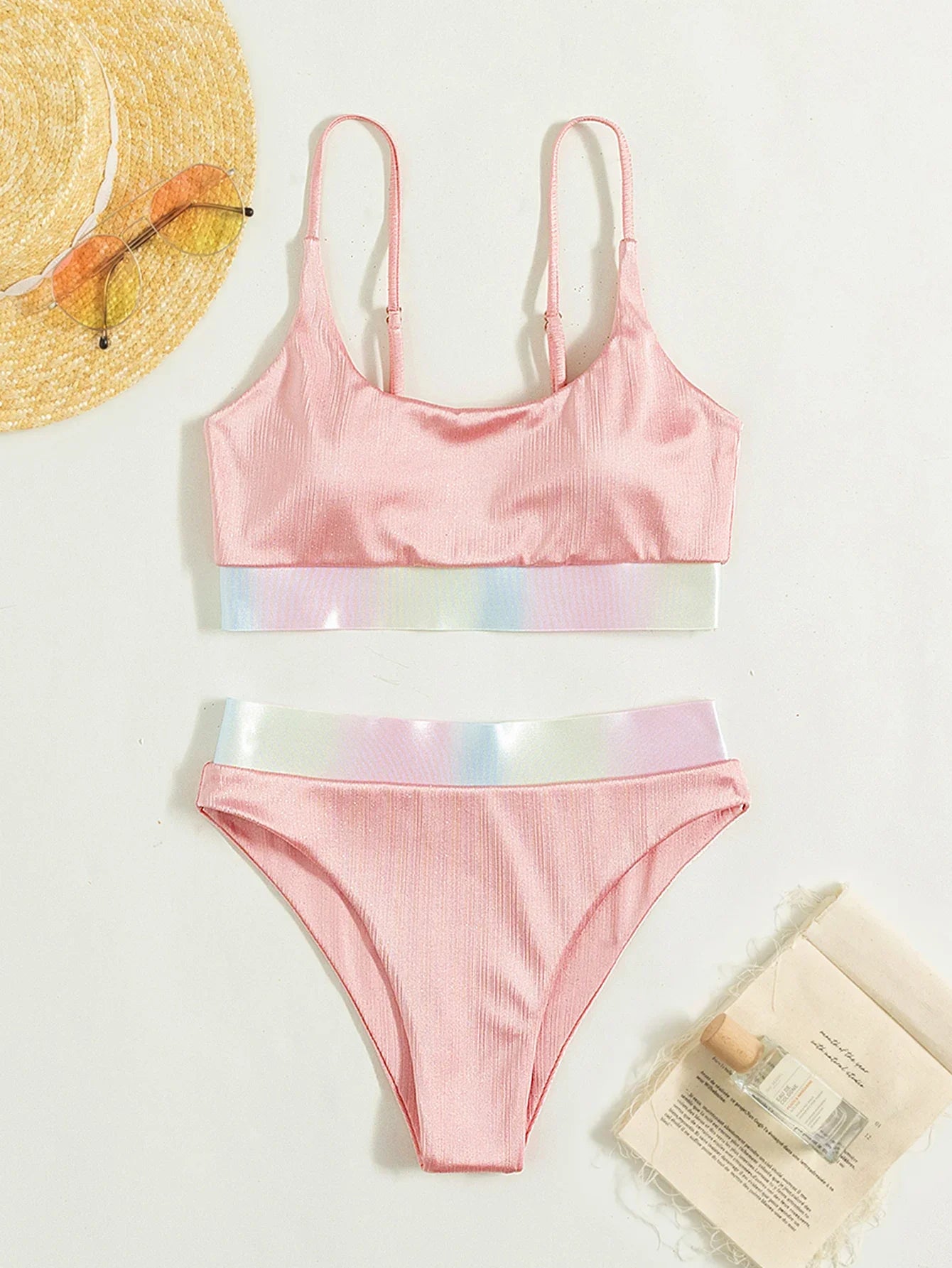 Shiny Pink Contrast Bikini Set