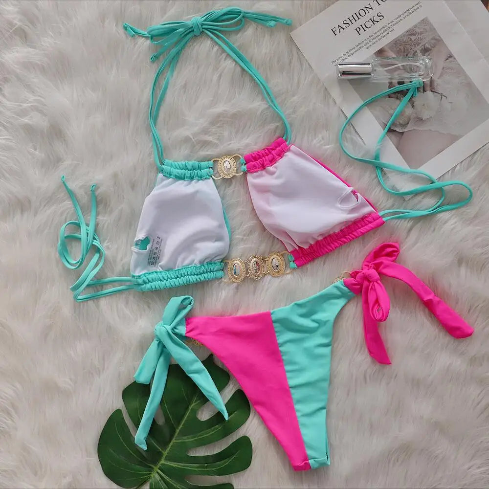 Rhinestones Splicing Bikini Set