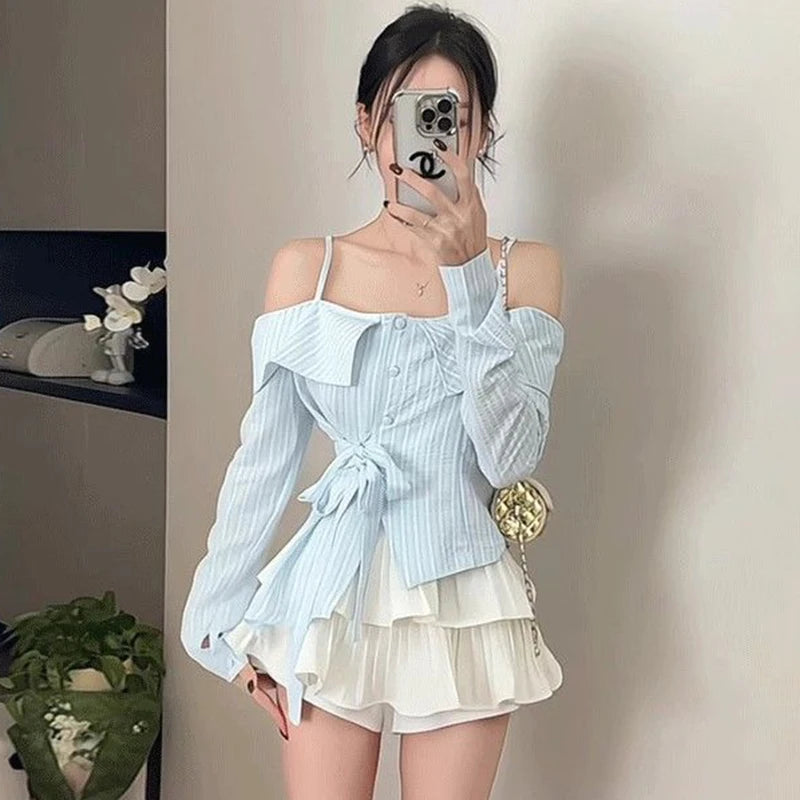 Blue Off Shoulder Irregular Slash Neck Long Sleeve Blouse
