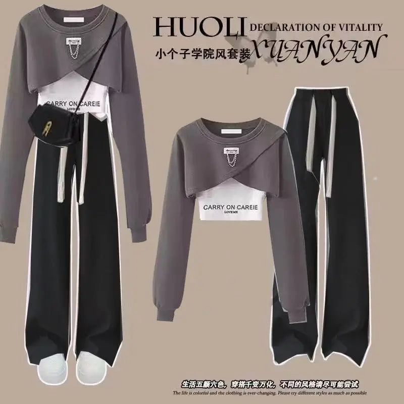 Loose Design Casual Top + Suspender + Wide Leg Pants Three Piece Set