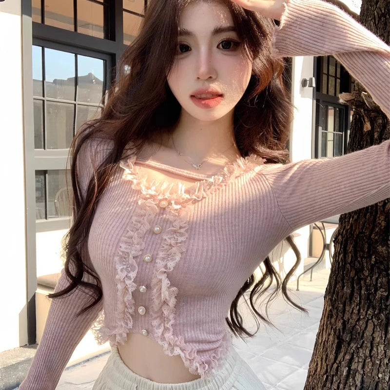 Square Collar Lace Basic Crop Top