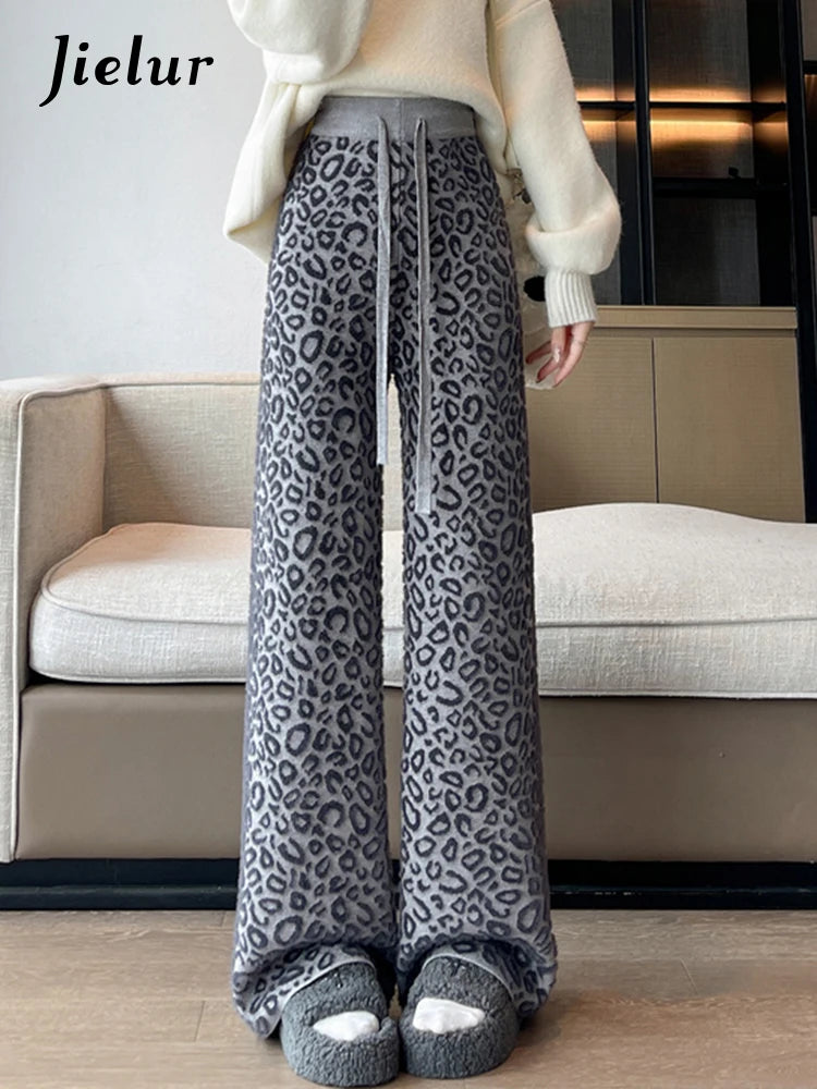Leopard Print Contrast Color Basic Full Length Wide Leg Pants