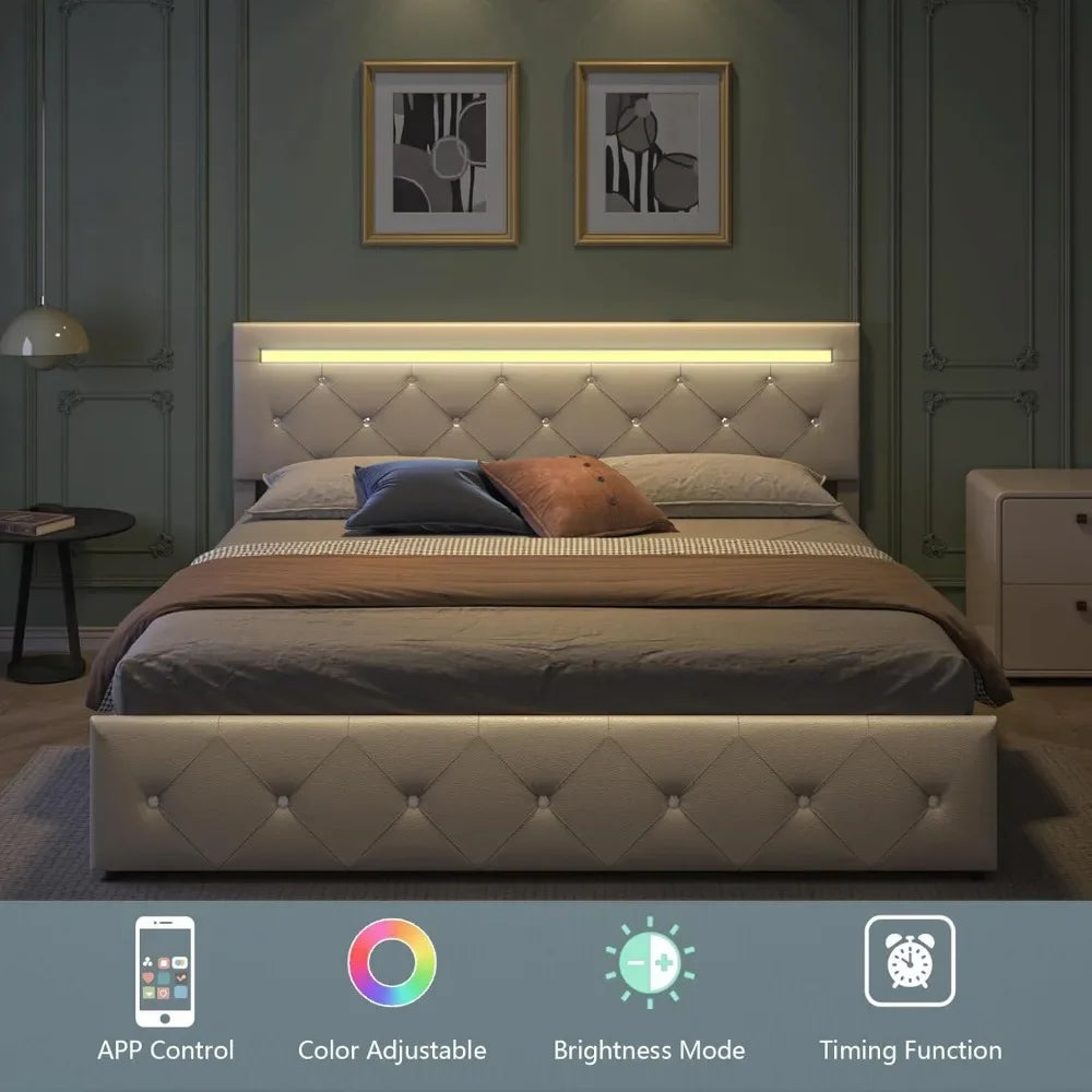 Bed Frame with Storage Drawers and LED Light