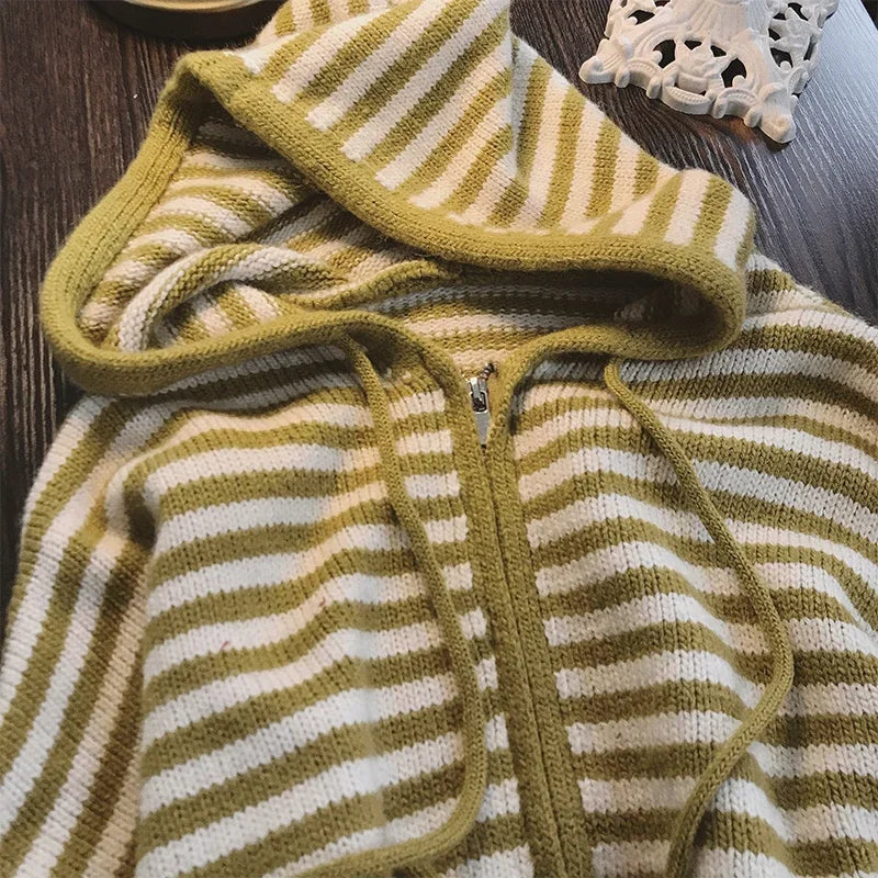 Contrast Color Stripe Hood Knit Cardigan Women Autumn and Winter New Loose Design Sense Long Sleeve Cardigan Sweater Outerwear