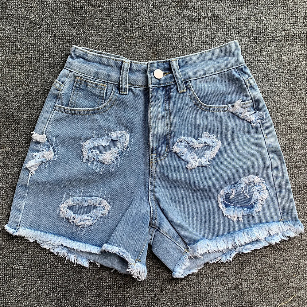 High Waist LOVE Heart Shaped Pattern Jean Shorts