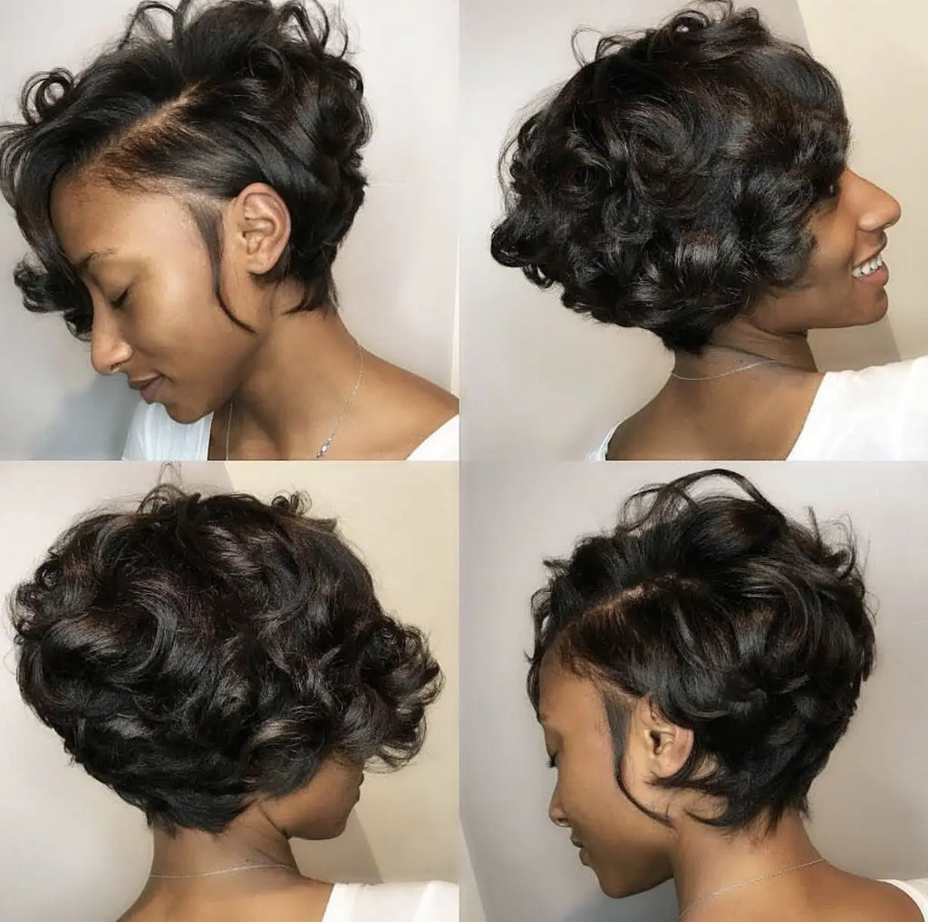 Short Curly Pixie Cut Wig Human Hair for Women Black Layered 13x4x1 T-Part Lace Front Short Human Hair Pixie Cut Glueless Wig