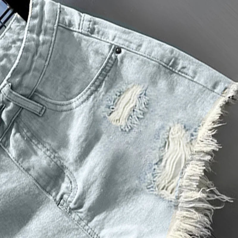 Retro Irregular Ripped Denim Shorts