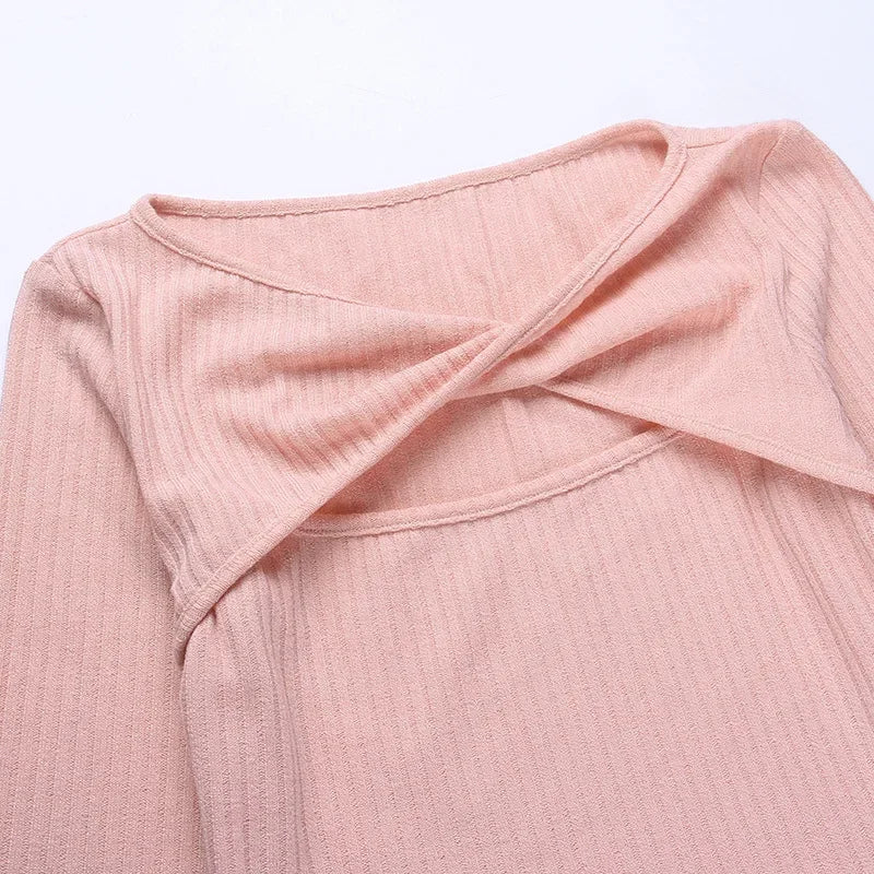 Hollow Out Sexy Long Sleeve Top for Women Spring Mesh Red Short Fitting Knit Sweater  Winter Thin Tops Sweet E8FH