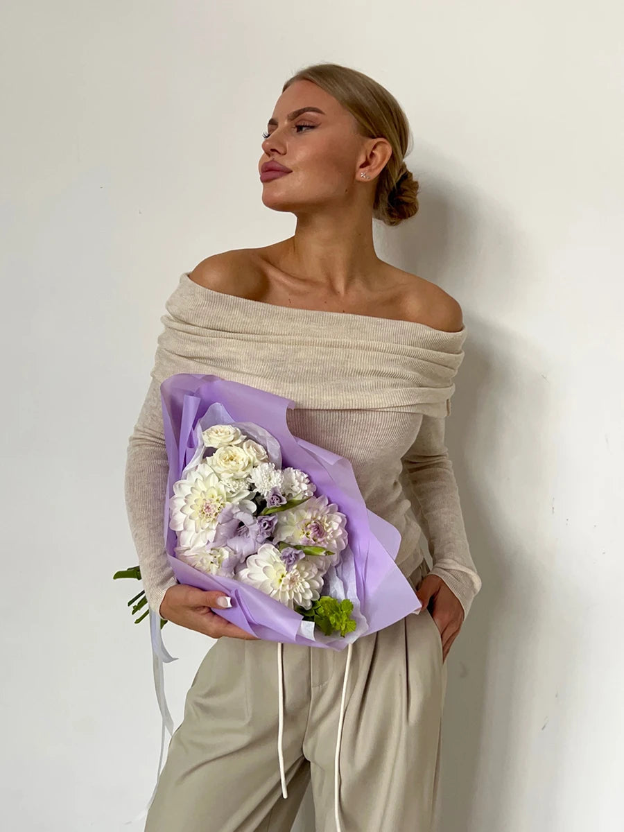 Women Knitted Wool T-shirt Slim Fit Long Sleeve Autumn Winter Chic Off Shoulder Basic Sweater Streetwear Pullovers