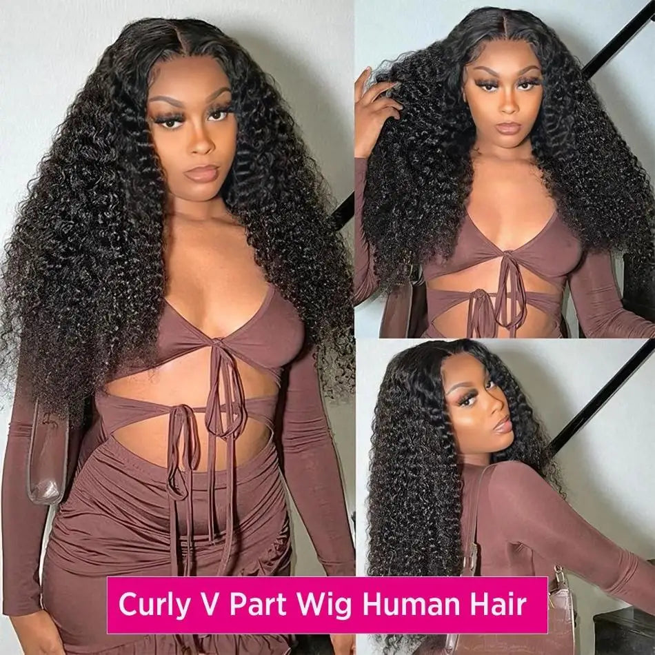 V Part Wig Human Hair Kinky Curly Wig