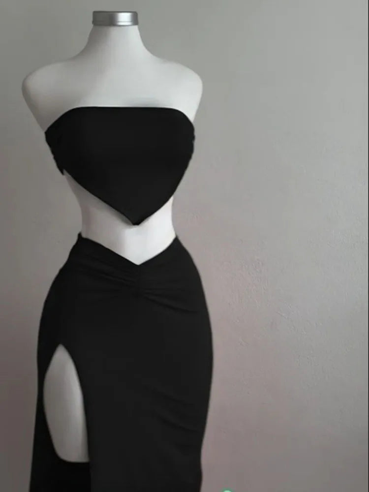 Strapless Backless Crop Top High Waist Skirt 2 Piece Set