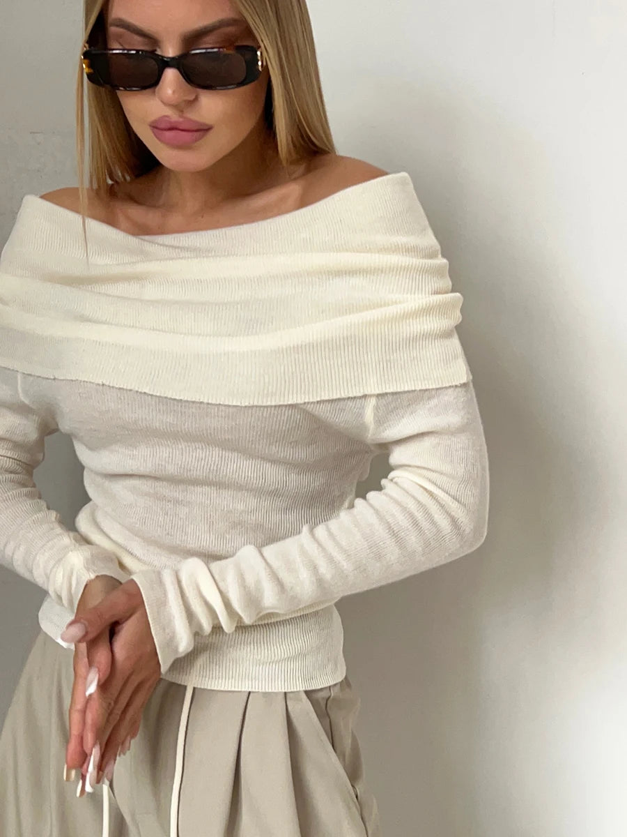 Women Knitted Wool T-shirt Slim Fit Long Sleeve Autumn Winter Chic Off Shoulder Basic Sweater Streetwear Pullovers