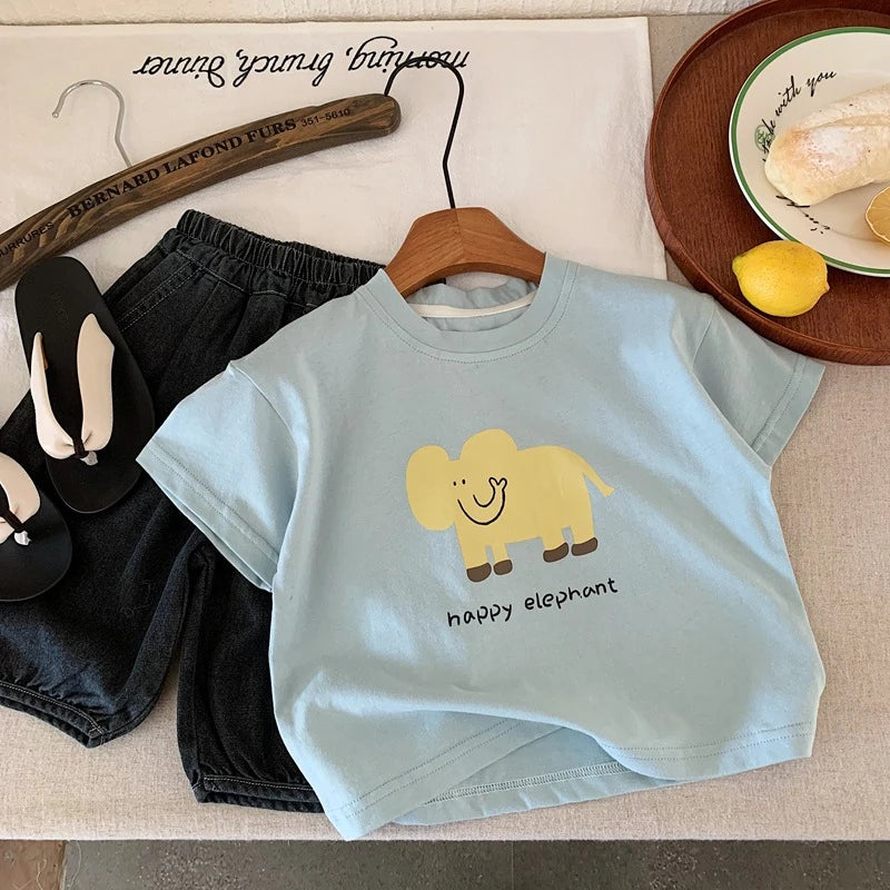 Summer Clothing Baby Boys Cartoon Printed T-shirt Round Collar Loose Casual Tshirts Children Clothes Short Sleeve Tees Tops