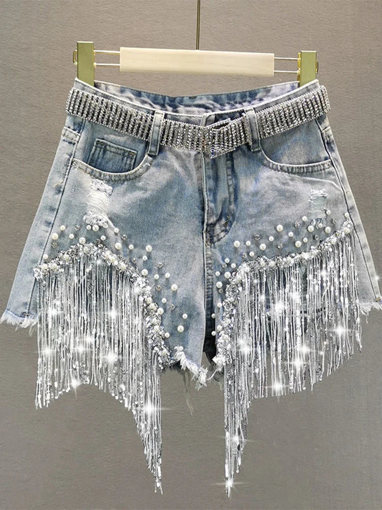 Tassel Beading High Waist Wide Leg Denim Shorts